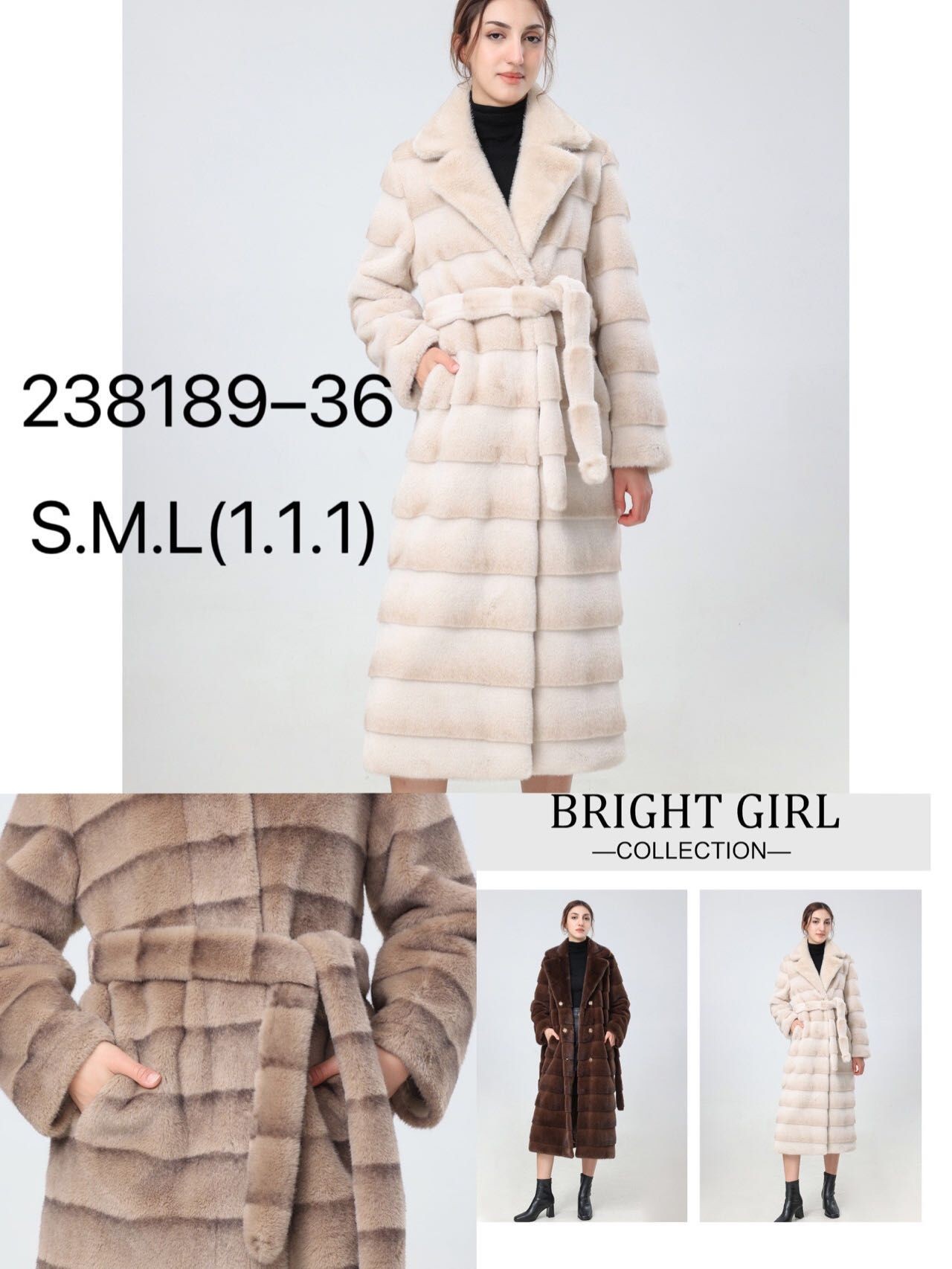 238189 Women’s Long Faux Fur Coat with Belt