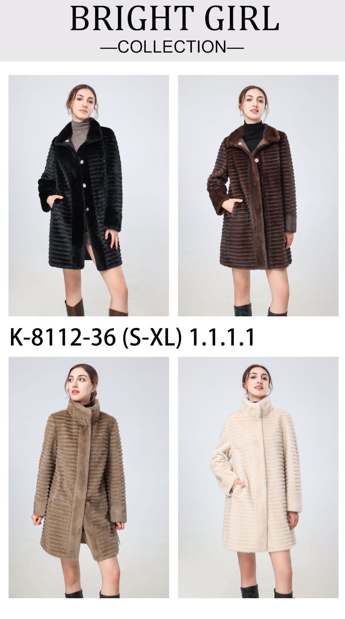 8112 Women's Faux Fur Long Coat with Ribbed Detailing